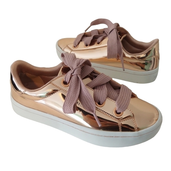 Skechers Street Rose Gold Faux Patent Leather Sneakers Hi Lites Liquid Bling 958 - Picture 1 of 10